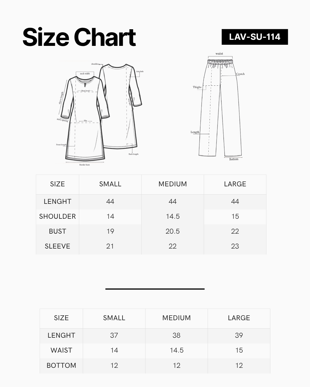 Size chart for Blue Mirage
