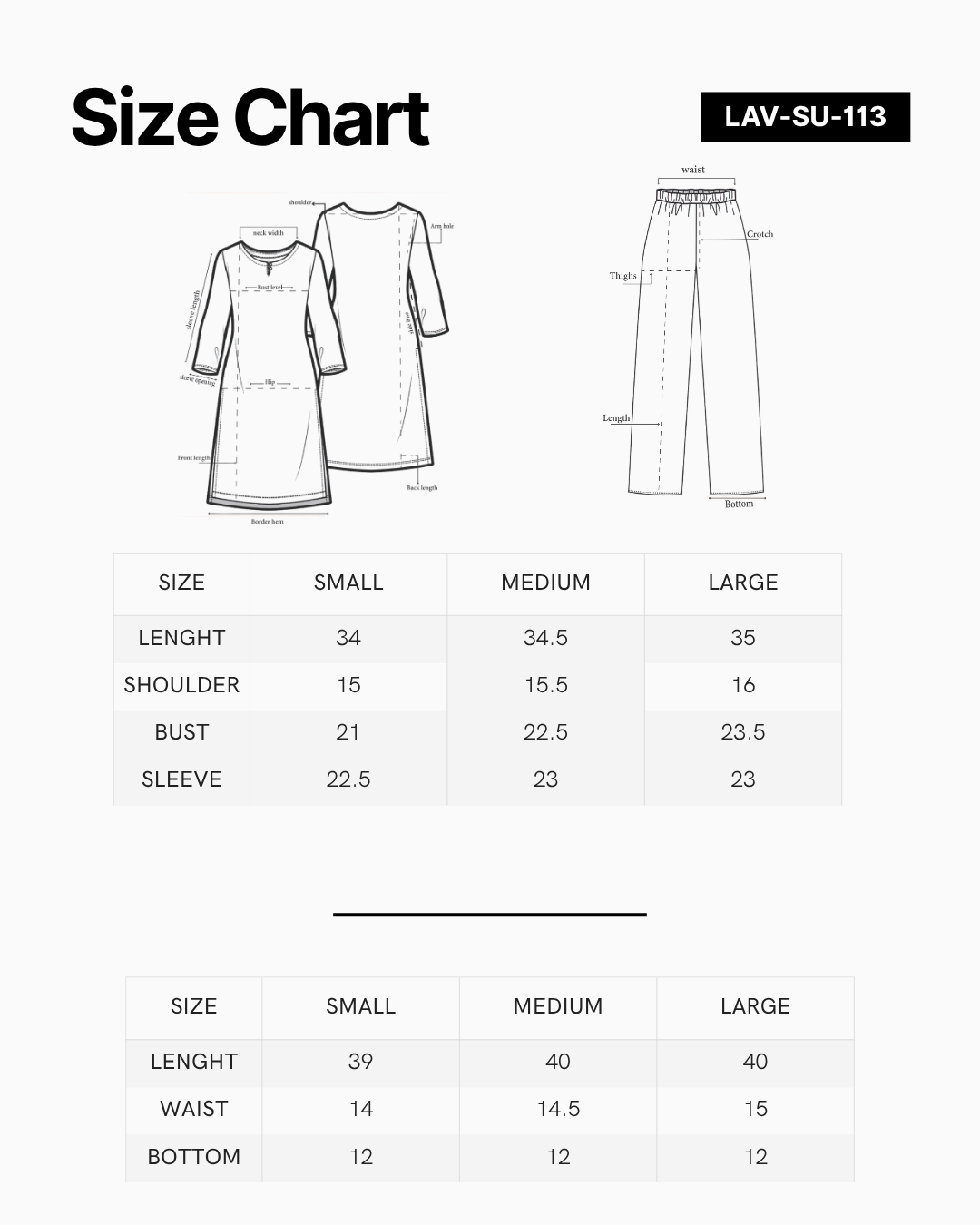 Size chart for Bluebell Muse