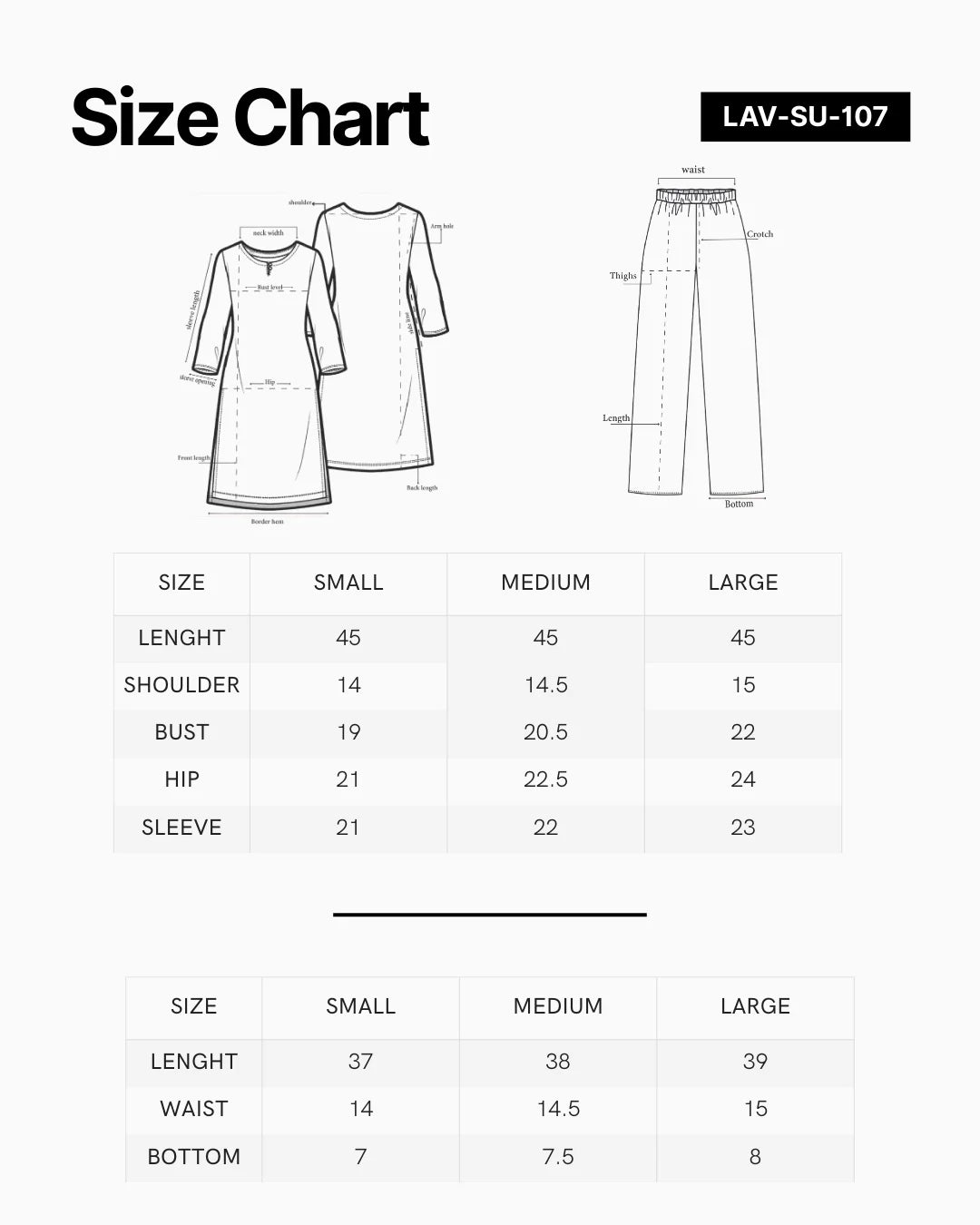 Size chart for Mint Allure