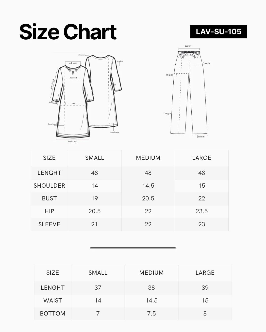Size chart for Blush Radiance